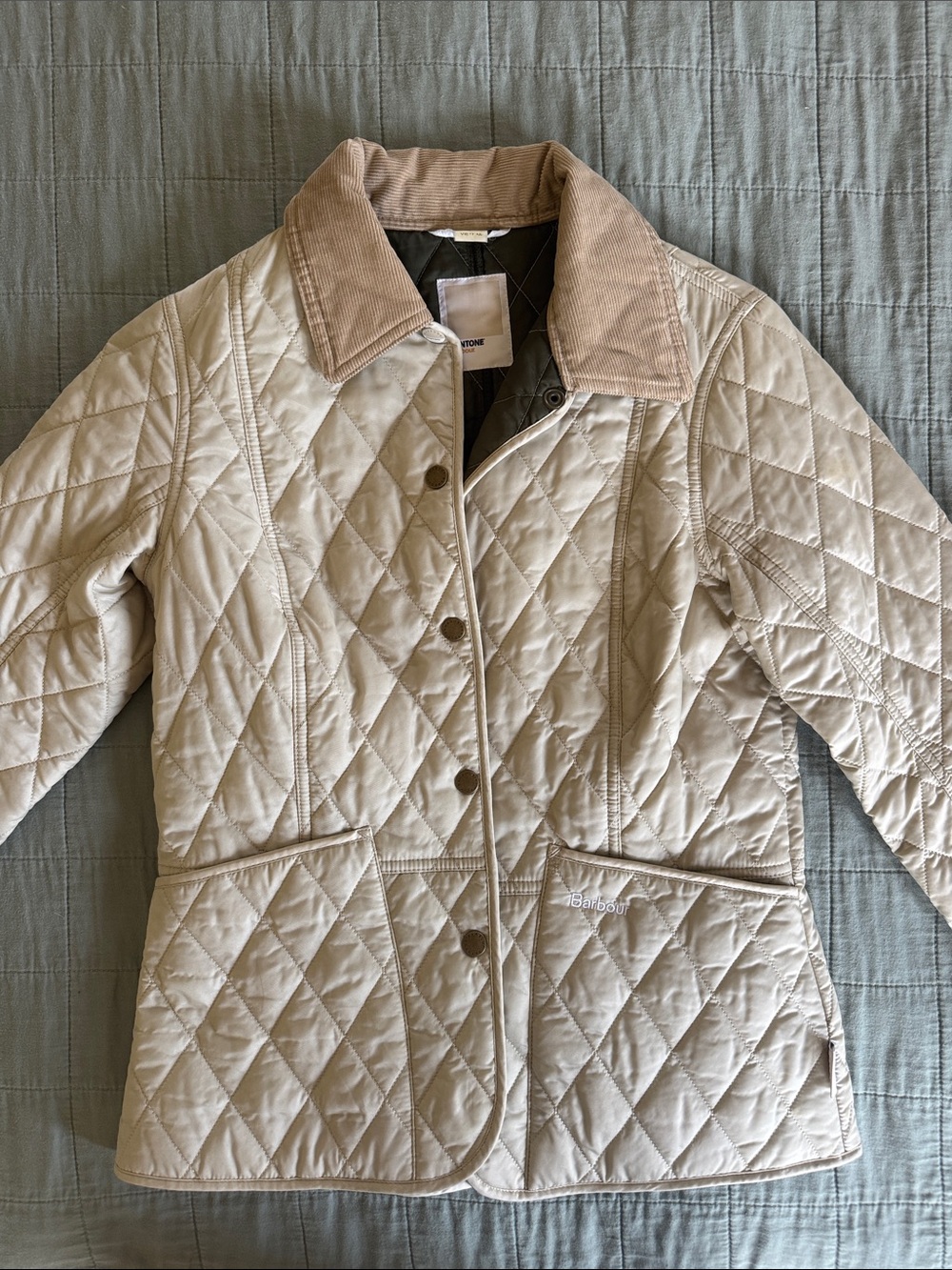 Barbour Quilted Cream Jacket with Tan Corduroy Collar